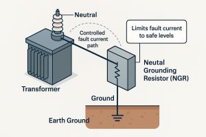 Visual represents diagram of an NGR(neutral grounding resistors) installed between the transformer neutral and ground
