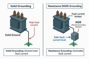 The visual represents figure: Comparison of neutral grounding resistors solid grounding vs. resistance grounding